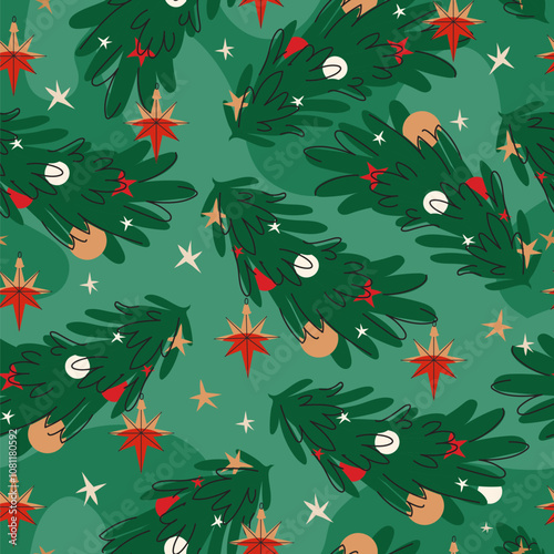 Festive Christmas tree seamless pattern showcasing vibrant colors and holiday decorations for fabric, textile and wrapping paper, wallpaper, cover, card