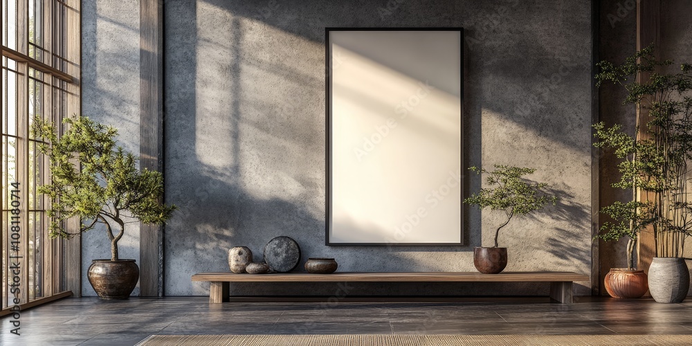 Empty poster frame in a modern office, perfect for advertising, branding, or promotional display Empty poster frame in a modern office, perfect for advertising, branding, or promotional display