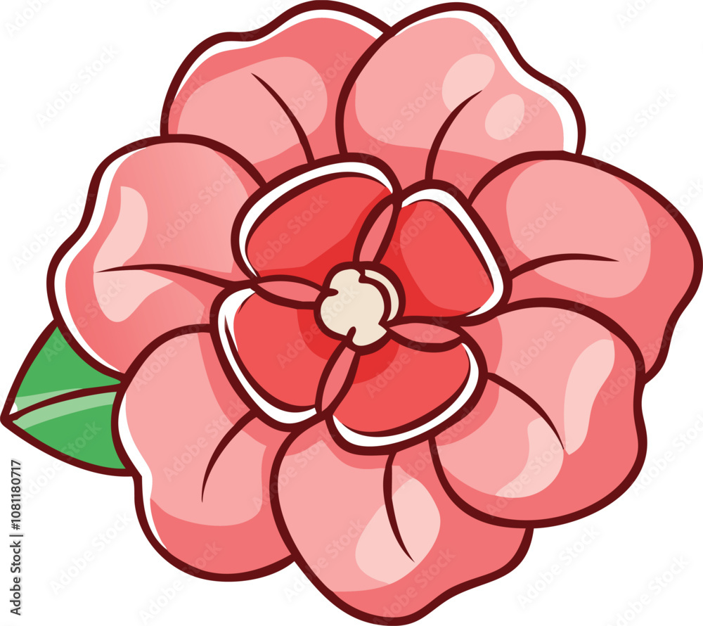 Pink flower with textured petals and green leaf, Vector illustration of a pink flower featuring textured petals, a detailed yellow and red center, and a single green leaf, outlined in bold for a vibra Pink flower with textured petals and green leaf, Vector illustration of a pink flower featuring textured petals, a detailed yellow and red center, and a single green leaf, outlined in bold for a vibra