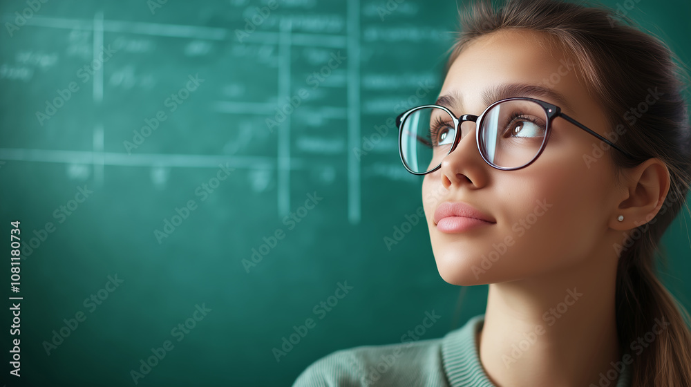 Portrait of a pensive female student in glasses gazing upwards and pondering in front of a classroom chalkboard Portrait of a pensive female student in glasses gazing upwards and pondering in front of a classroom chalkboard