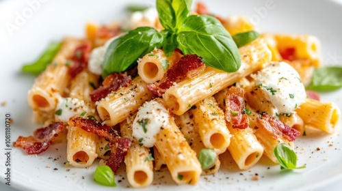 Creamy rigatoni pasta with crispy bacon and fresh basil garnish, AI photo