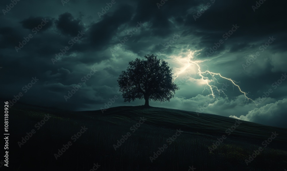 Lone tree on a hill illuminated by a dramatic lightning strike against a dark stormy sky, creating a striking contrast between the light and dark elements in nature Lone tree on a hill illuminated by a dramatic lightning strike against a dark stormy sky, creating a striking contrast between the light and dark elements in nature