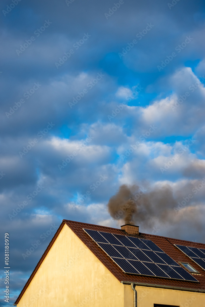Black smoke from the chimney of a single-family home. Roof covered with solar panels. Roof against a blue, slightly cloudy sky.