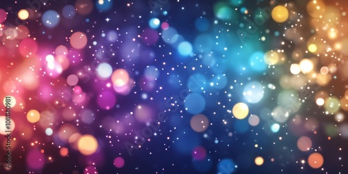 Abstract colorful bokeh lights background with red, blue, and yellow colors and glitter.
