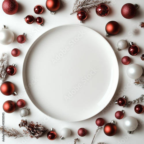 Top shot of a festive table with a blank white plate and Christmas decorations, aesthetic