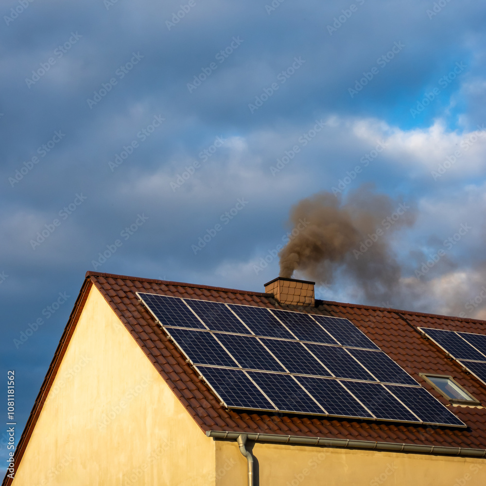 Black smoke from the chimney of a single-family home. Roof covered with solar panels. Roof against a blue, slightly cloudy sky.