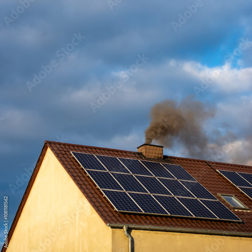 Obraz na płótnie Black smoke from the chimney of a single-family home. Roof covered with solar panels. Roof against a blue, slightly cloudy sky. w salonie