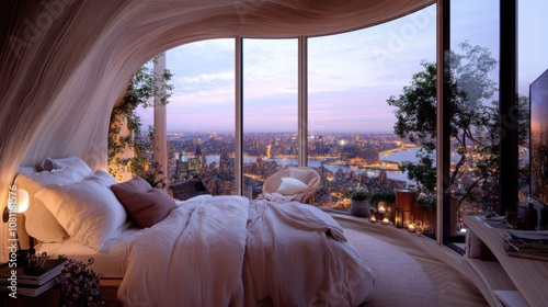 Luxurious bedroom with panoramic city view and cozy ambiance, AI