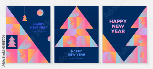 Card for Happy New Year with bright gradient spruces on a dark blue background. Set of 3 greeting card.