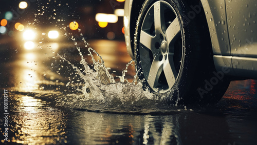 Close-up of Car Wheel Tire Driving Through Rain Water and Puddles, Traffic during Rainy Weather, Wet Road Outside