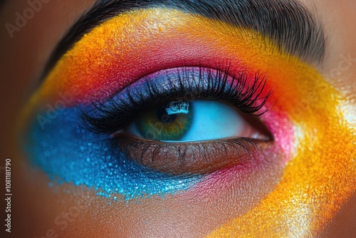 Brightly colored eye with bright blue and yellow makeup photo