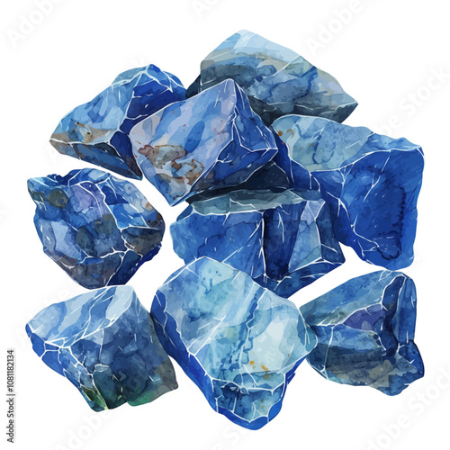 A watercolor drawing of a set of azurite stones, isolated on a white background. Azurite stones vector.