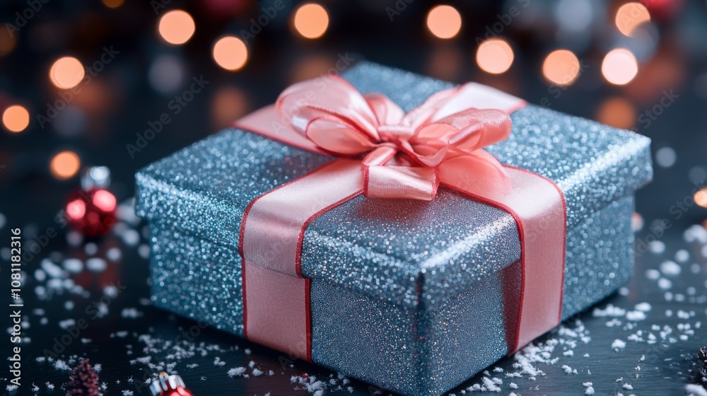 Close-up of a Blue Glittery Gift Box with a Pink Bow