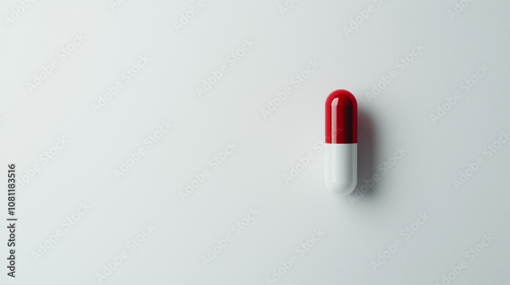 Single Red and White Capsule on a Clean White Background in Minimalistic Style Single Red and White Capsule on a Clean White Background in Minimalistic Style