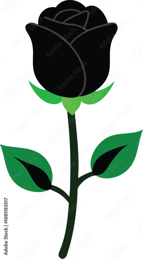 Black rose with green leaves and stem illustration, Vector illustration of a black rose bud with a smooth green stem and two dark green leaves, showcasing a bold and sleek design.
Black rose with green leaves and stem illustration, Vector illustration of a black rose bud with a smooth green stem and two dark green leaves, showcasing a bold and sleek design.