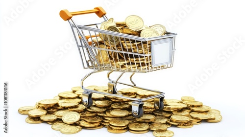 a realistc photography of a shopping cart in front of a pile of golden coins, simple design, white background photo