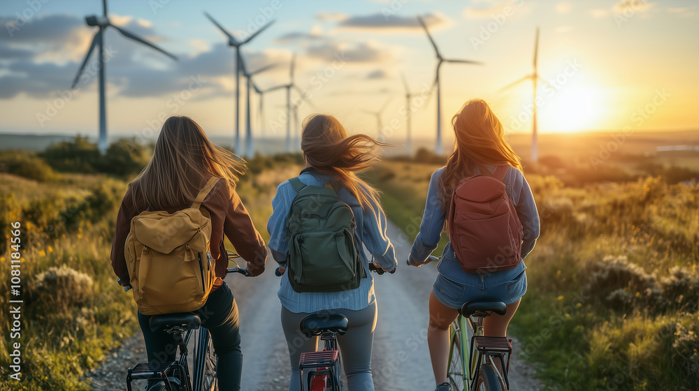 group of female women cyclists enjoying a ride in a wind farm with clean, sustainable energy