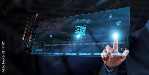 Agriculture Technology: Businessman analyzes data strategy with graph on digital screen. Precision farming, crop monitoring, smart irrigation, data analytics, sustainability, agricultural automation photo