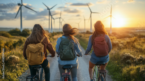 Obraz na płótnie group of female women cyclists enjoying a ride in a wind farm with clean, sustainable energy w salonie