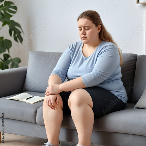 Overweight woman suffering from knee pain. Young fat girl with leg injury sitting on sofa at home and holding hands on her aching knee. Health problems, arthritis, injured joint, rheumatism concept