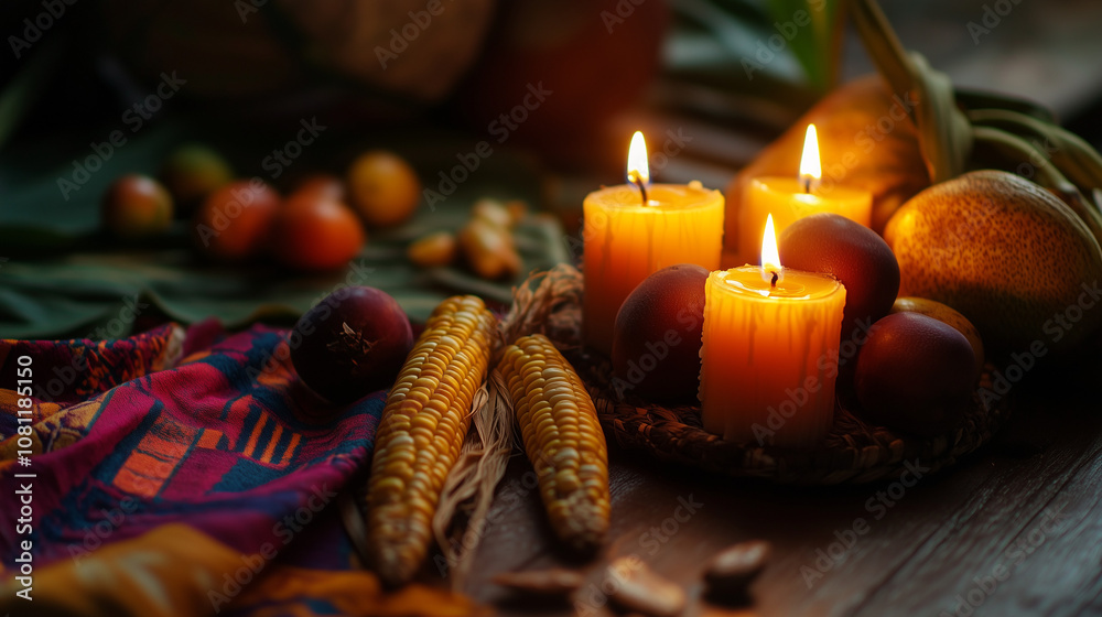 Obraz premium Lit candles with corn and fruits on a wooden table