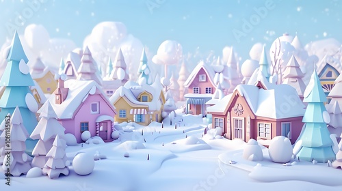 Obraz na płótnie A 3D low poly winter scene of a small village with pastel color houses AI generated illustration w salonie