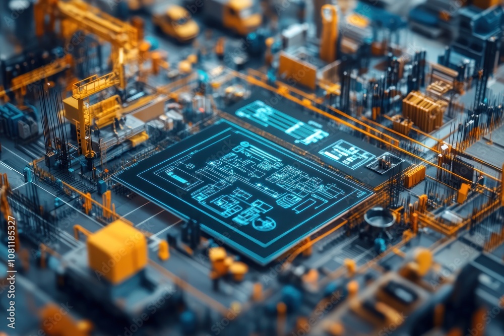 A miniature factory with automated machinery and a digital blueprint screen. A miniature factory with automated machinery and a digital blueprint screen.