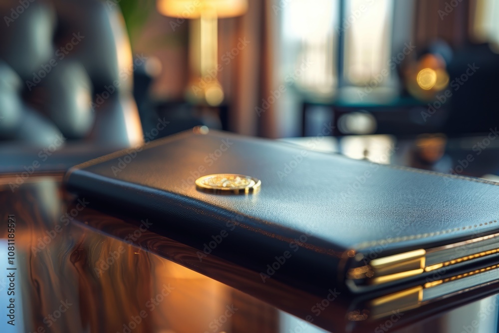 Luxury Business Portfolio with Gold Emblem on Polished Desk in Corporate Office Setting