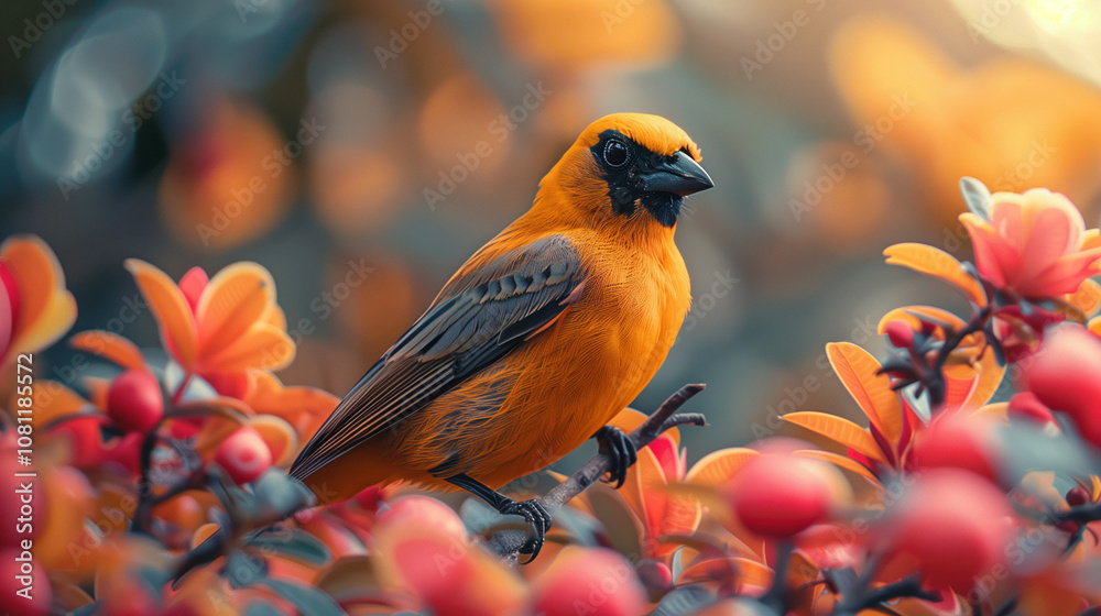Bright tropical yellow bird resting on a branch with flowers and blurred background. Bright tropical yellow bird resting on a branch with flowers and blurred background.