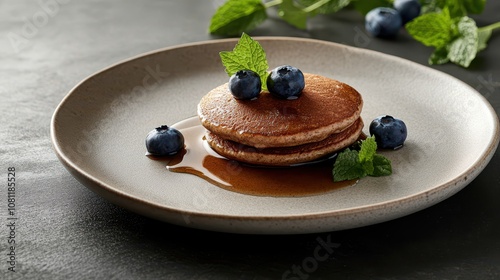 Delicious Buckwheat Pancakes with Maple Syrup: A Clean, Commercial Food Photography Highlighting Fresh Blueberries and Mint on a Light Ceramic Plate.