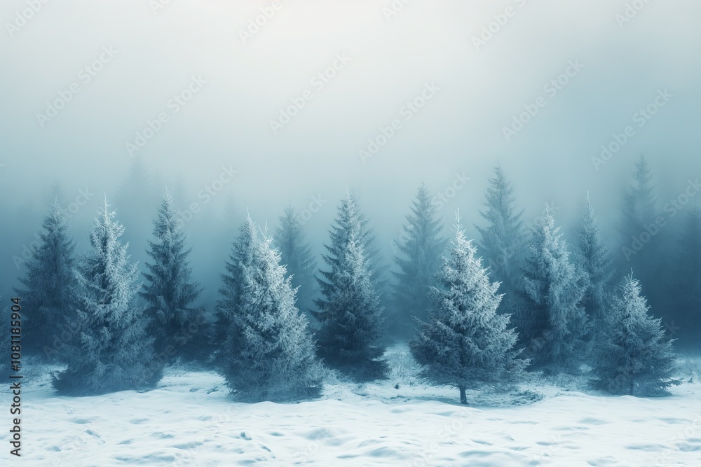 Winter landscape featuring evergreen trees blanketed in snow, peaceful and tranquil atmosphere under a cloudy sky. Winter landscape featuring evergreen trees blanketed in snow, peaceful and tranquil atmosphere under a cloudy sky.