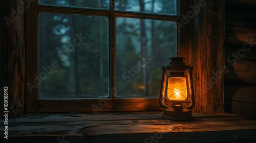 A glowing lantern sits on a wooden table in front of a window. The warm light of the lantern casts a cozy glow over the room. photo