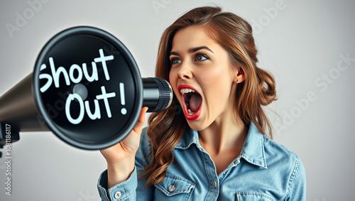 Young woman yelling to loudspeaker with Shout Out! inscription, modern media concept photo