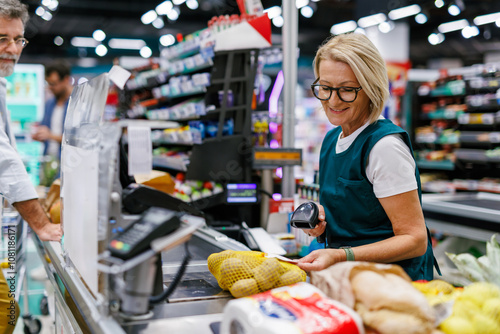 Bild auf Leinwand Senior cashier scanning groceries at supermarket checkout counter