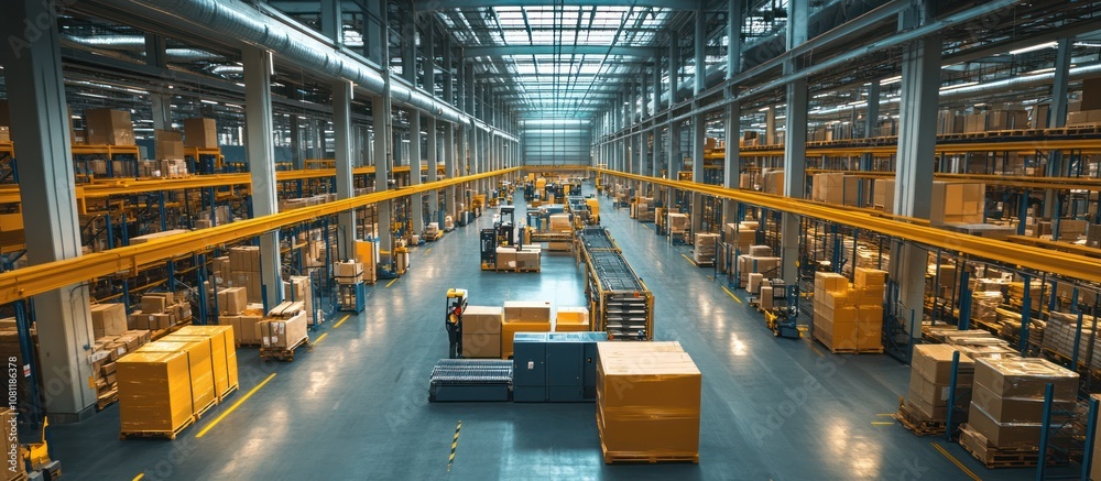A wide shot of a large warehouse with multiple aisles of yellow shelves filled with boxes. Forklifts are in the background, with a person in the foreground. A wide shot of a large warehouse with multiple aisles of yellow shelves filled with boxes. Forklifts are in the background, with a person in the foreground.