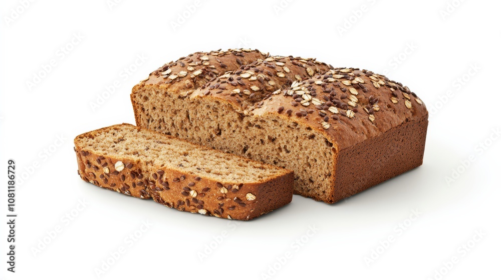 Freshly Baked Whole Grain Bread: A loaf of freshly baked whole grain bread, sliced, displaying a rich, rustic texture and a tempting aroma. The bread is crafted with care. Freshly Baked Whole Grain Bread: A loaf of freshly baked whole grain bread, sliced, displaying a rich, rustic texture and a tempting aroma. The bread is crafted with care.