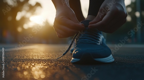 Close-up of a Runner Tying Their Shoe at Sunset