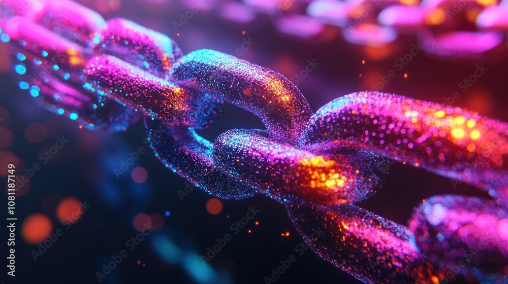 A close-up of a chain made of glowing particles, with a blue and pink color scheme. A close-up of a chain made of glowing particles, with a blue and pink color scheme.