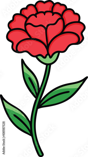 Red carnation flower with green stem and leaves, Vector illustration of a red carnation flower with ruffled petals, a green stem, and three leaves, featuring a bold and elegant design.
