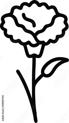 Simple black outline of a carnation flower, Minimalistic line drawing of a carnation flower with ruffled petals, a single leaf, and a thin stem, featuring a bold black outline.

