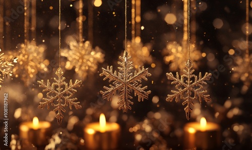 Glittering gold snowflakes hanging from the ceiling, each snowflake finely detailed and catching the light of golden candles below