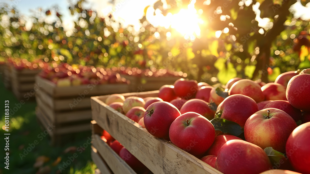Freshly Harvested Apples in Wooden Crates at Sunset, apple orchard, harvesting, autumn, fall, sunrise Freshly Harvested Apples in Wooden Crates at Sunset, apple orchard, harvesting, autumn, fall, sunrise