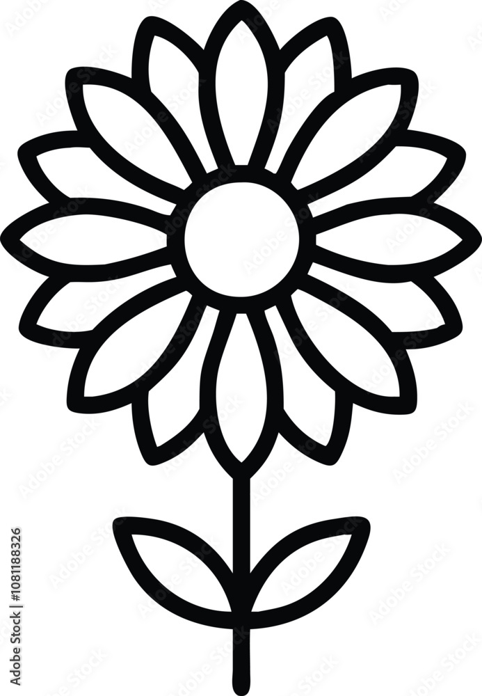 Simple black outline of a daisy flower, Minimalistic line drawing of a daisy flower with round petals, a central circle, and two leaves on the stem, featuring a bold black outline.
Simple black outline of a daisy flower, Minimalistic line drawing of a daisy flower with round petals, a central circle, and two leaves on the stem, featuring a bold black outline.
