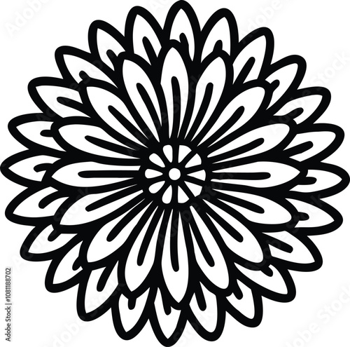 Intricate black outline of layered flower, Detailed line art illustration of a flower with densely layered petals, forming a circular and symmetrical design, outlined in bold black.
