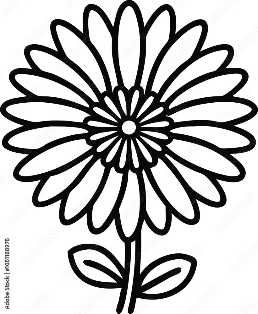 Black outline of a detailed daisy flower, Line art illustration of a daisy flower with multiple layered petals, a textured circular center, and two small leaves on the stem.
Black outline of a detailed daisy flower, Line art illustration of a daisy flower with multiple layered petals, a textured circular center, and two small leaves on the stem.