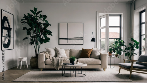 Minimalist Living Room with Neutral Sofa and Green Plant photo