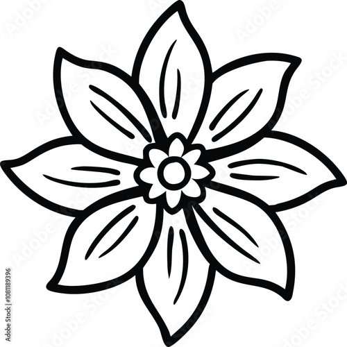 Black outline of a six-petal floral design, Line art illustration of a flower with six pointed petals and a detailed center, featuring a clean black outline in a simple, decorative style.
