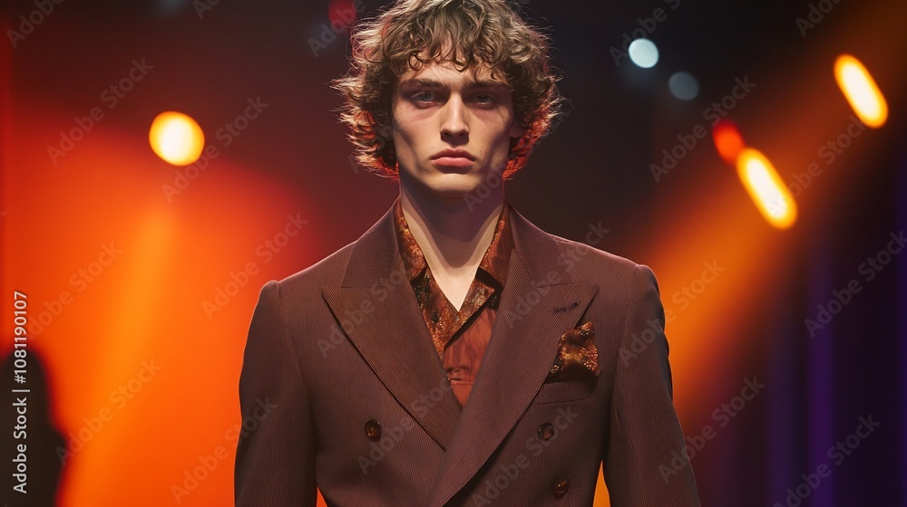 Male model in a tailored suit posing on a runway with the latest fashion trends Male model in a tailored suit posing on a runway with the latest fashion trends