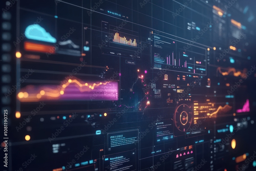 Futuristic digital interface with glowing graphs, charts, and data ...