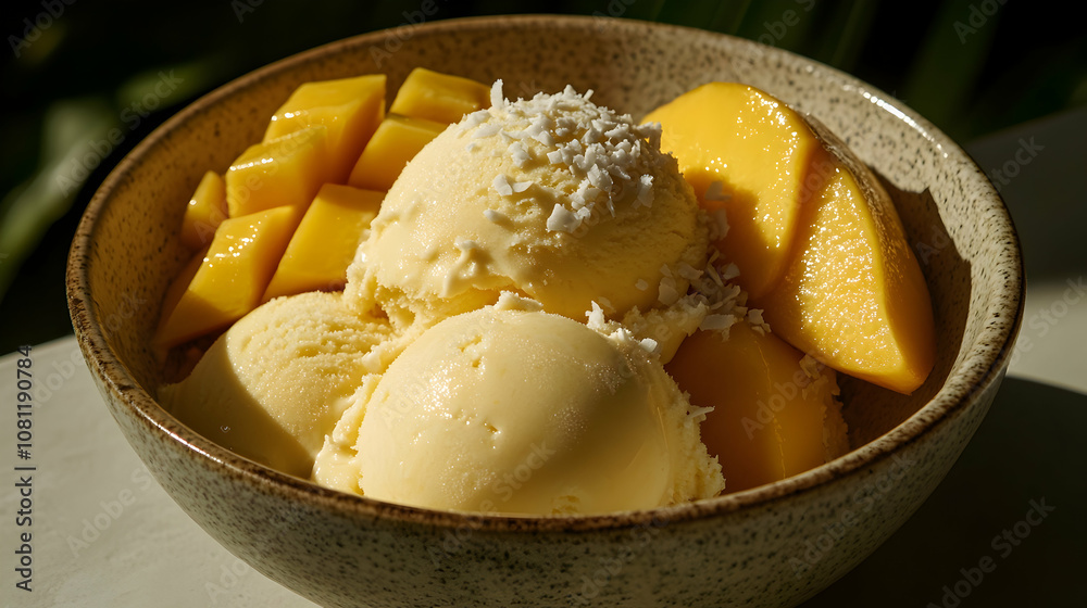Mango Coconut Ice Cream in a Bowl, dessert, sweet, summer, tropical, refreshing Mango Coconut Ice Cream in a Bowl, dessert, sweet, summer, tropical, refreshing
